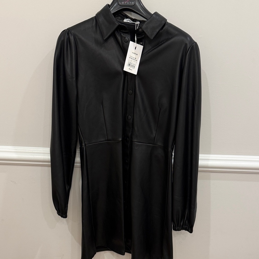 Faux Leather Black Shirt Dress - Unbranded